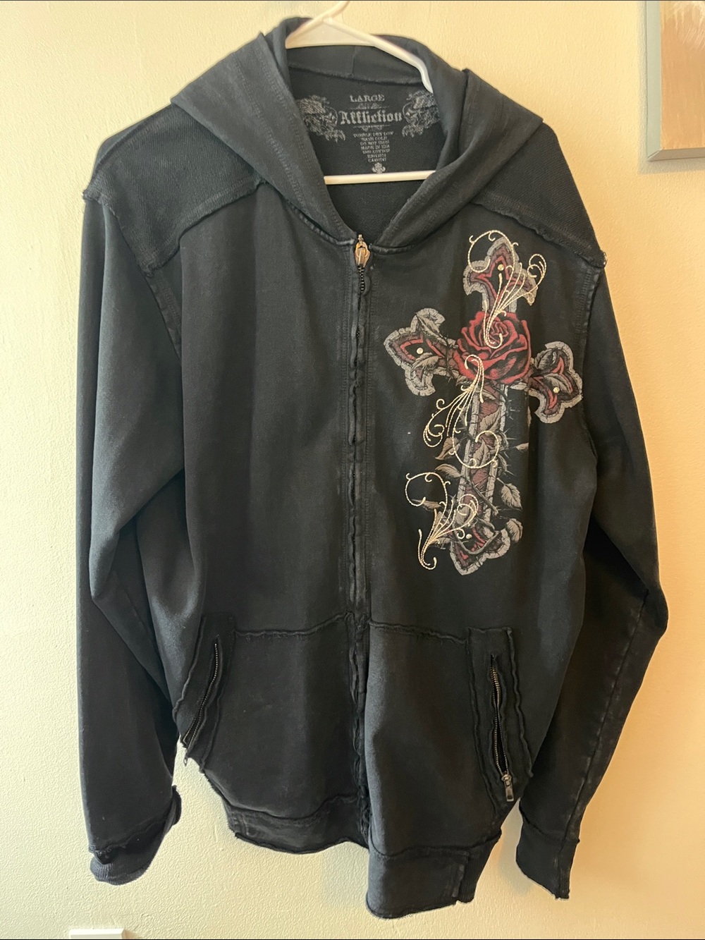 Affliction Black Zip-Up Hoodie with Ornate Cross and Rose Accent